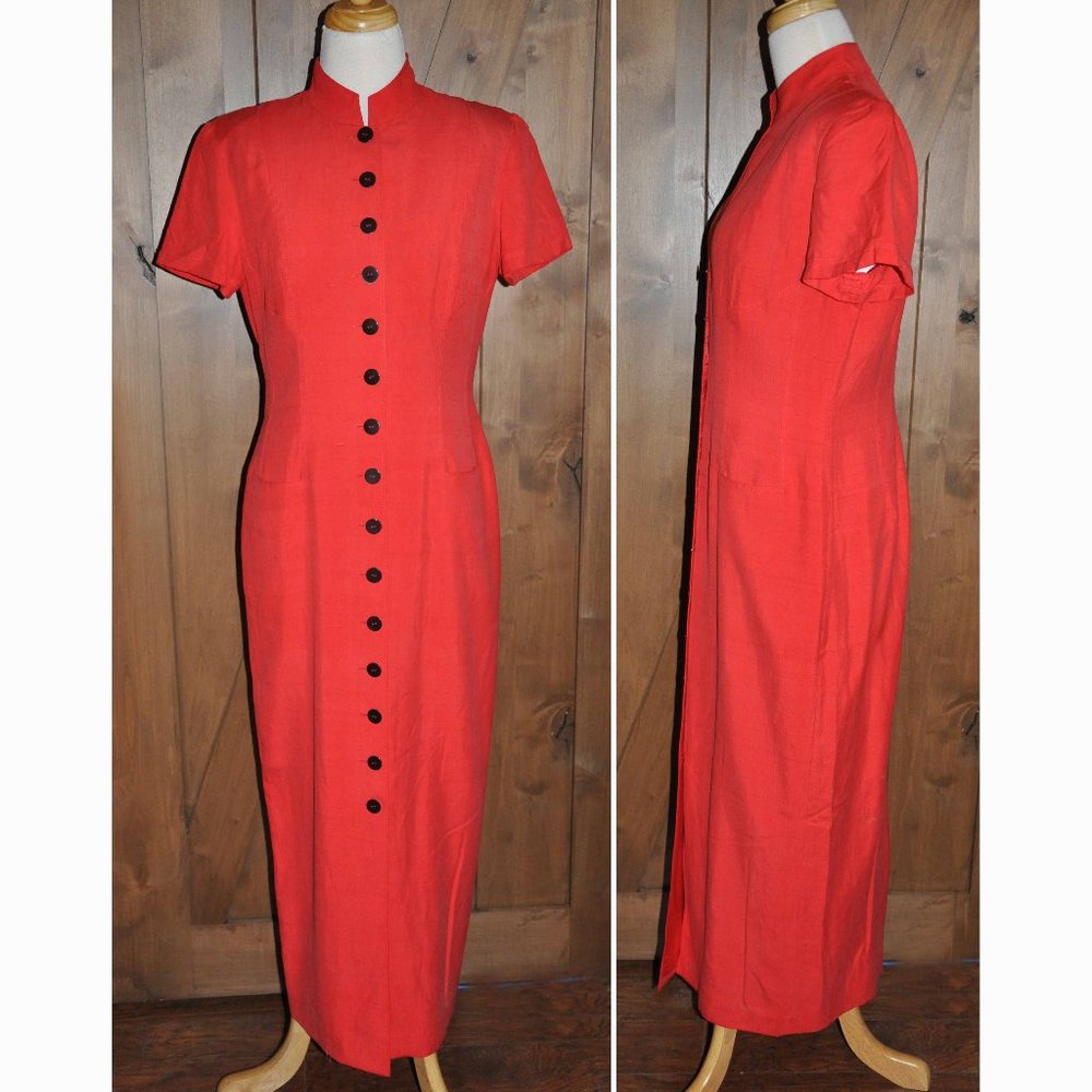 Vintage Dana Buchman Red Button Down Short Sleeve Pencil Maxi Dress